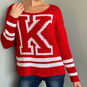 Comfy Red Knit Letter K Pullover Scoopneck…